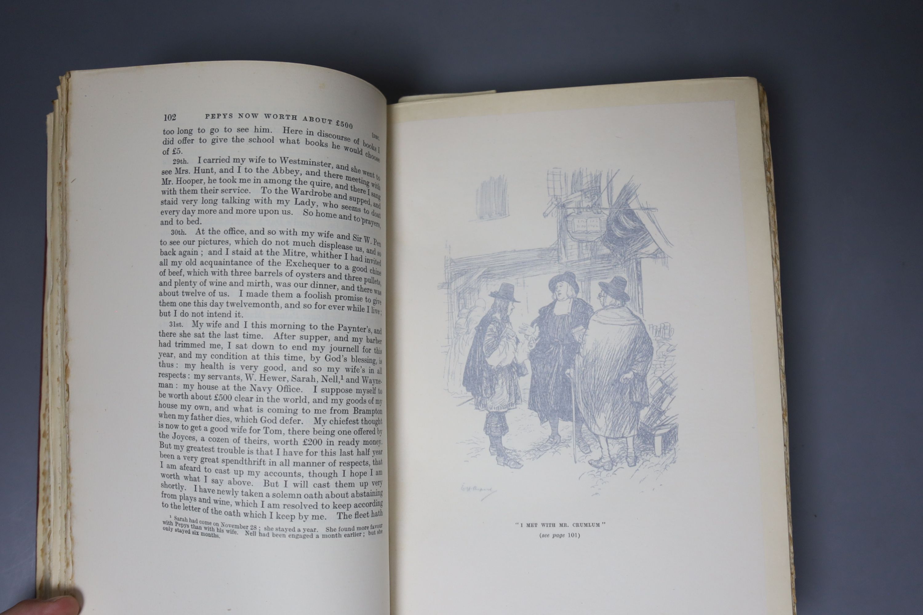 Pepys, Samuel (edited and abridged by O.F. Morshead) - Everybody’s Pepys, 8vo, red cloth, one of 350, signed by the illustrator Ernest Shepard, G. Bell & Sons, London, 1926